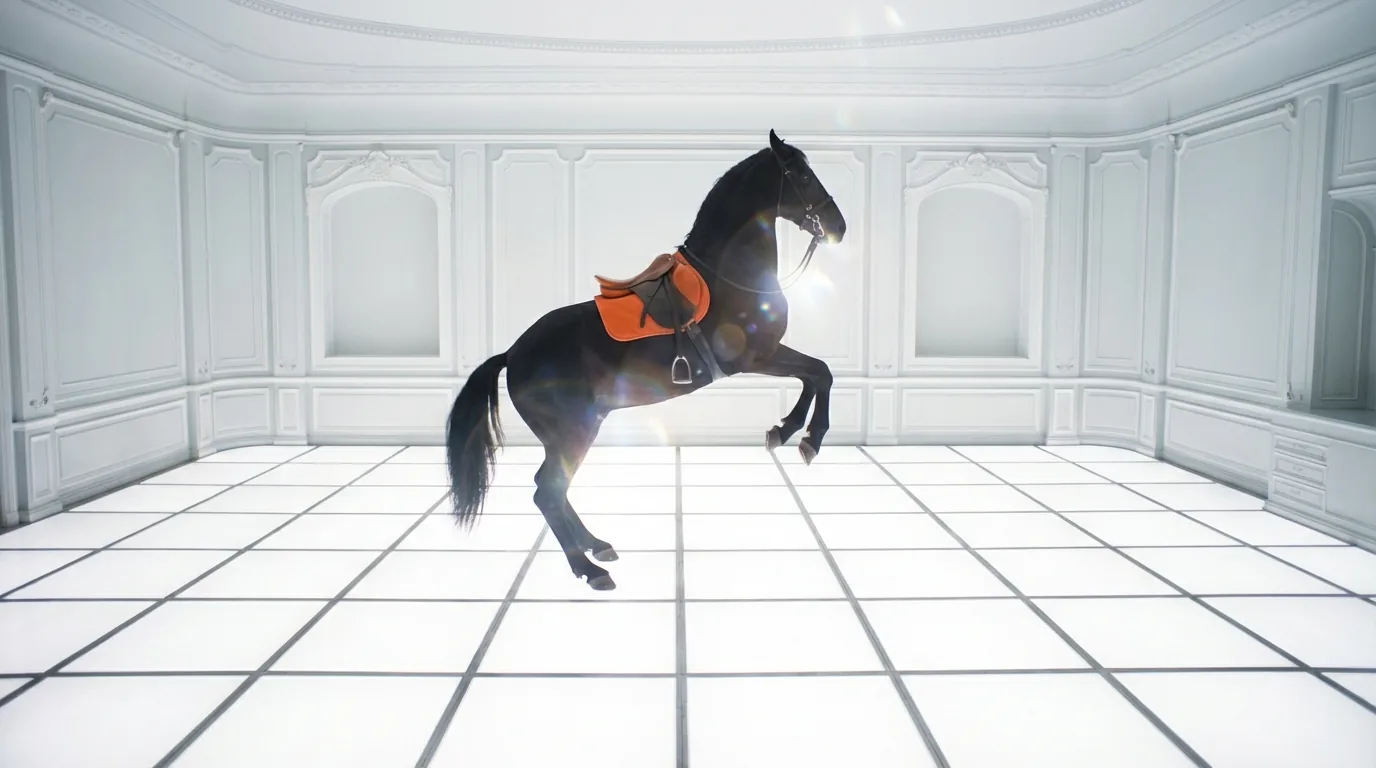 Cinematic horse with orange saddle