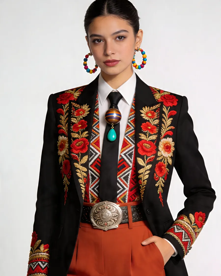 Look de moda con chaqueta negra bordada y pantalón naranja, iteración de imagen a imagen con AI