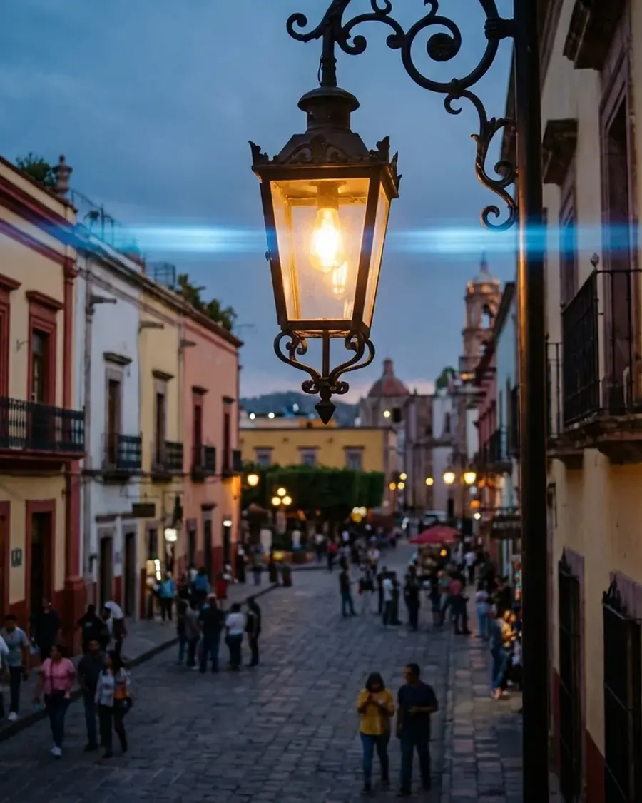 Calle colonial al anochecer con un farol encendido, fotograma base para animar con AI