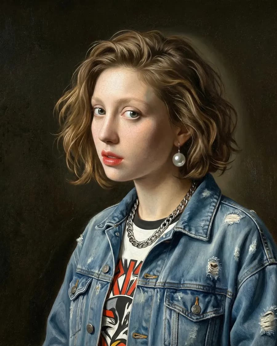 Retrato editorial de una mujer con chaqueta de mezclilla, imagen generada con AI a partir de texto